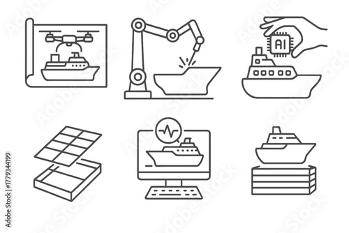 Autonomous Ship Construction Icons. Line style icons of autonomous ship construction: blueprint with drone overlay, hull welding