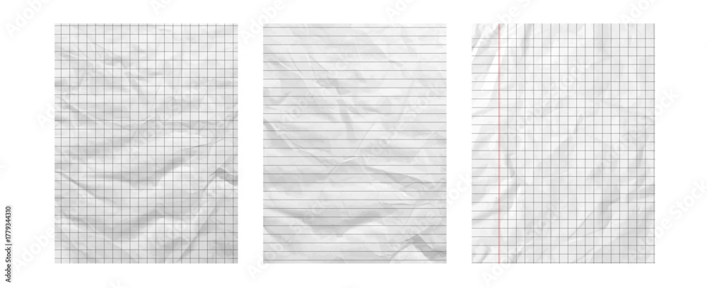 Checkered white paper set backgrounds with grey crumpled note texture and detailed fold design. Bg with lines and grid for school, education, craft, collage or scrapbook in realistic handmade style.