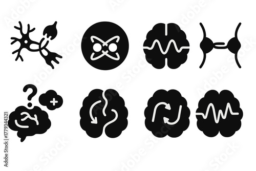 Quantum Neural Icons. Solid style icons of quantum neural communication: neuron with entangled synapse, quantum neurotransmitter