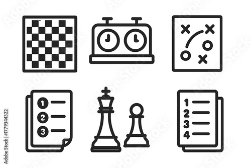Minimal Chess Match Icons. Linear minimalistic chess match icon: chessboard, timer, strategy diagram, leaderboard, notation sheet,