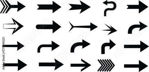 Arrow icons collection, navigation symbols, curved arrows, multiple heads, segmented lines, graphic design, vector set, direction pointer, interface, guide