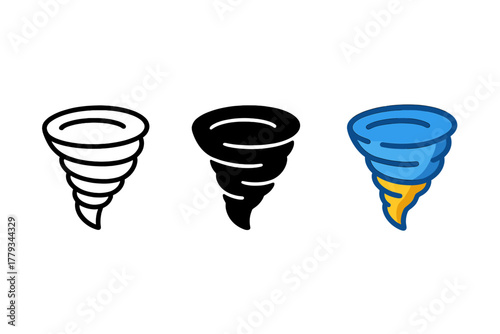 Minimalist Tornado Icons. Minimalist tornado icon: three identical tornado illustrations in a row, first in line style with thin