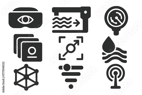 Futuristic Perception Icons. Solid style icons of dimensional perception devices: alternate view visors, parallel track scanners,
