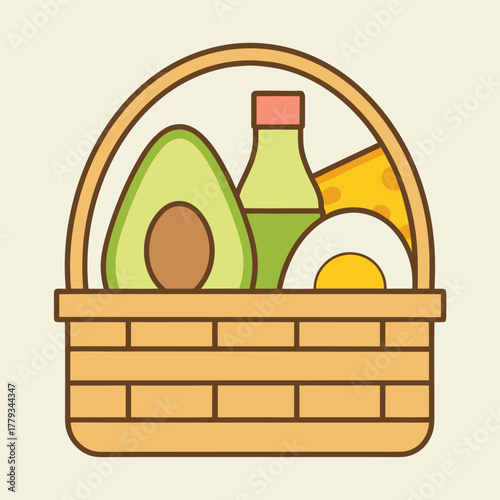 A picnic basket filled with healthy food items such as avocado, cheese, egg, and a bottle of oil, suitable for themes of nutrition and diet