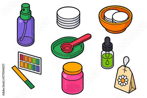 Skincare Routine Essentials. Isometric vector illustration set Skincare routine – toner spray bottle, cotton pad stack, facial