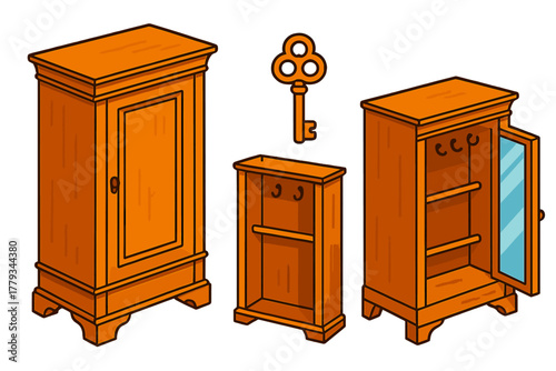Antique Furniture Showcase. Isometric vector illustration set Antique furniture – Biedermeier armoire, satinwood veneer, ovolo