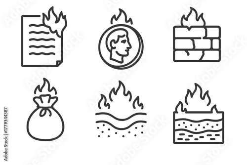Disaster Archaeology Icons. Line style icons of Disaster Archaeology: burned manuscript, scorched coin icon, vitrified wall sample