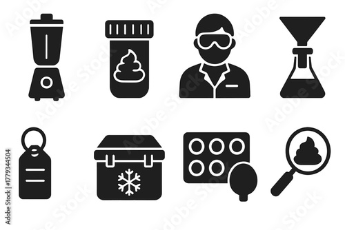 Donor Stool Preparation Icons. Solid style icons of donor stool preparation: sterile blender, sample container, lab technician.