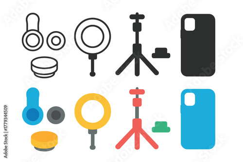 Photography Gear Icons. Linear minimalistic photography gear icon: clip-on macro lens, wide-angle lens, ring light, selfie stick,