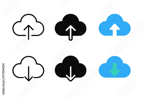 Cloud Upload and Download Icons. Linear minimalistic cloud upload icon: cloud outline with upward arrow, uniform line thickness,