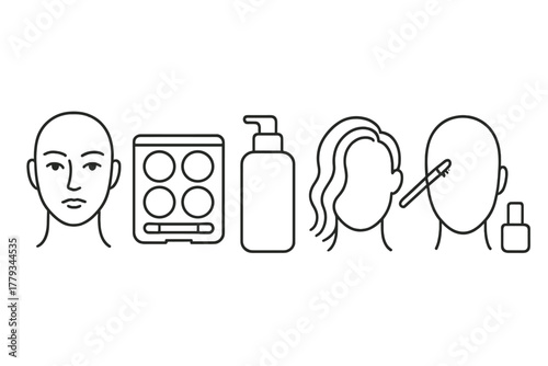 Androgynous Beauty Icons. Line style icons of genderless beauty: androgynous face icon, neutral-toned makeup palette, shared