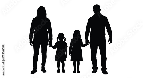 Black silhouettes of a family isolated on white background