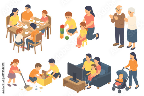 Family Weekend Moments. Isometric vector illustration set of Family: weekend breakfast scene, toddler stacking blocks, dad tying