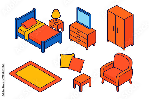 Bold Bedroom Layout. Isometric vector illustration set Interior layout – bedroom bed frame, nightstand, table lamp; wardrobe