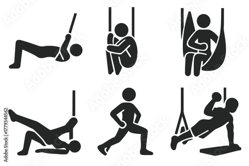 Gravity Yoga Icons. Solid style icons of strength training through gravity yoga: core lift pose, suspended crunch icon, aerial