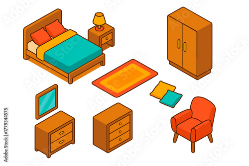Bold Bedroom Layout. Isometric vector illustration set Interior layout – bedroom bed frame, nightstand, table lamp; wardrobe