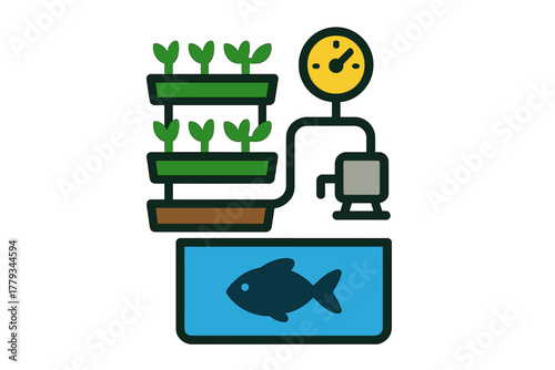 Aquaponics Icon Series. Linear minimalistic indoor aquaponics icon: vertical crop rack, fish tank, circulation pipe, water pump,
