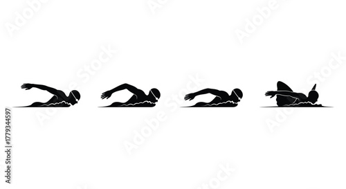 Four swimmers in silhouette isolated on white background