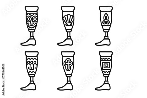 Cultural Prosthetic Designs. Line style icons of prosthetics and cultural expression: tribal art leg panel, historical motif shell