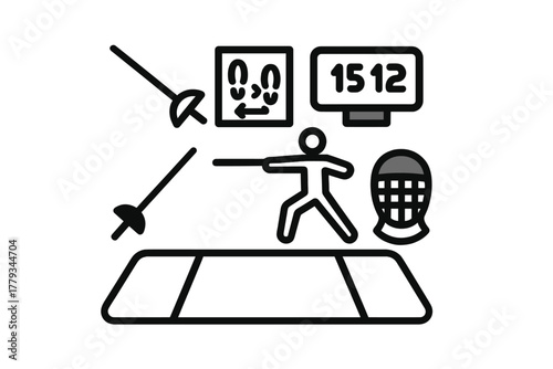 Fencing Class Icons. Linear minimalistic fencing class icon: epee, footwork chart, stance diagram, scoring monitor, mask, training