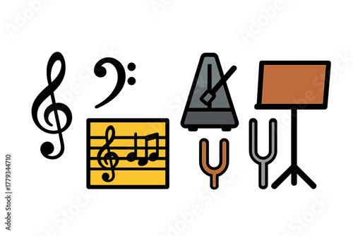 Music Education Icons. Linear minimalistic music education icon: treble clef, bass clef, sheet music, metronome, tuning fork,