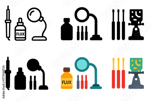 Electronics Tools Icons. Linear minimalistic electronics tools icon: soldering iron, flux, magnifier lamp, precision screwdrivers,