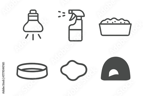 Terrarium Essentials Icons. Linear minimalistic terrarium essentials icon: UV lamp, misting spray, substrate, food dish, water