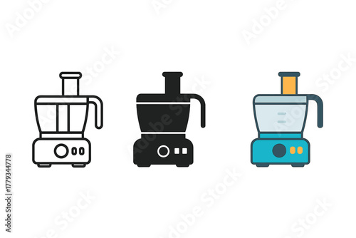 Food Processor Icons. Minimalist food processor icon: three identical food processors in a row, first in line style with thin