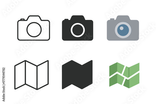 Minimal Camera and Map Icons. Linear minimalistic camera icon: photo camera outline, uniform line thickness, no fill, Solid camera