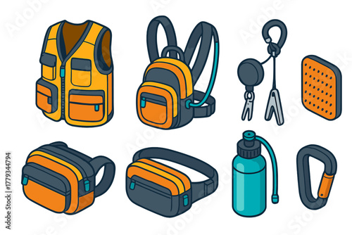 Fishing Gear Icons. Isometric vector illustration set Fishing equipment – fishing vest, chest pack, hip pack; multi-pocket vest,