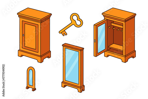 Antique Furniture Showcase. Isometric vector illustration set Antique furniture – Biedermeier armoire, satinwood veneer, ovolo