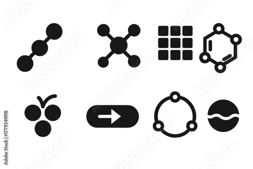 Molecular Wine Icons. Solid style icons of molecular wine enhancement: flavor molecule chain, aroma enrichment node, chemical