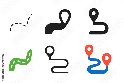 Minimalistic Path Icons. Linear minimalistic path icon: dashed line path outline with curve, uniform line thickness, no fill,