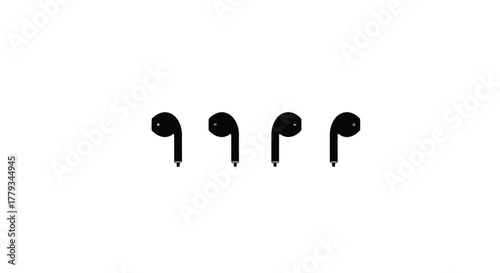 Four black wireless earbuds isolated on white background for listening music