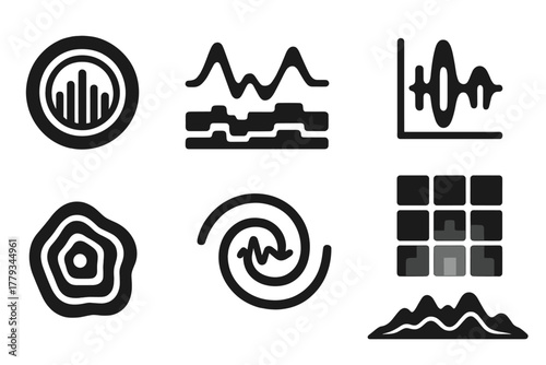 Archaeoacoustic Data Icons. Solid style icons of archaeoacoustic data visualization: spectrogram rings, echo line graphs, tone