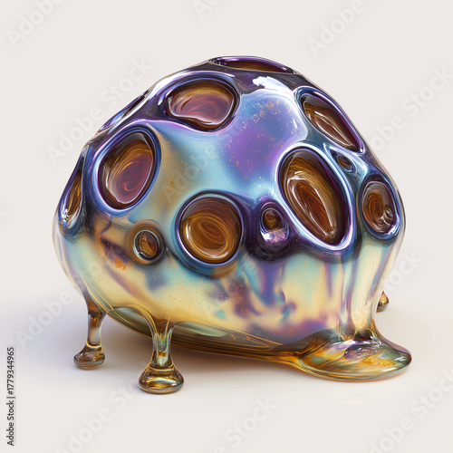 Iridescent liquid blob with organic holes. Abstract modern art and fluid design for creative background. Futuristic digital render.