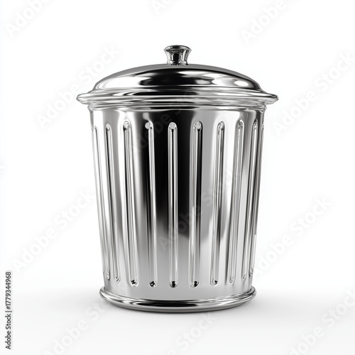 Silver trash can with lid for household waste. Metallic dustbin for office or kitchen rubbish. Container for proper waste disposal.