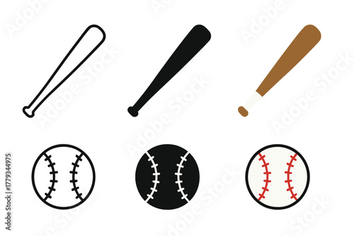 Baseball Icons Collection. Linear minimalistic baseball bat icon: bat outline with taper, uniform line thickness, no fill, Solid