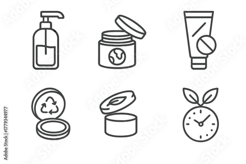 Sustainable Beauty Icons. Line style icons of sustainable genderless beauty: refill station icon, jar with planet symbol, no-waste