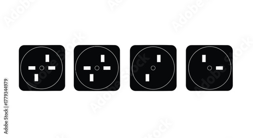 Four black electric socket isolated on white background for power connection