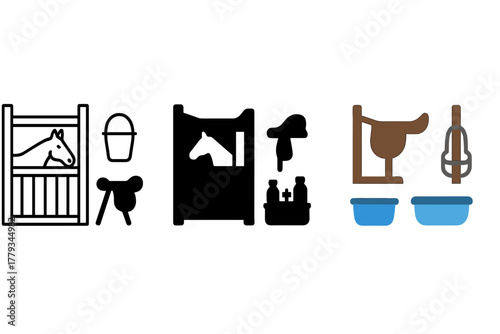 Minimal Equestrian Stable Icons. Linear minimalistic equestrian stable icon: horse stall, feed bucket, saddle stand, grooming kit,
