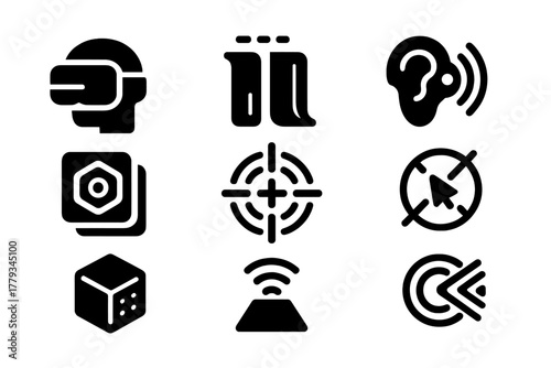 Futuristic Perception Icons. Solid style icons of dimensional perception devices: alternate view visors, parallel track scanners,