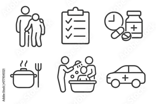 Caregiving Icons. Line style icons of caregiving responsibilities: family caregiver figure, task checklist icon, medication