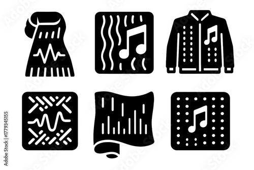 Fiber-Optic Audio Wearables. Solid style icons of fiber-optic + audio textiles: lightwave sound scarf, glowing thread music icon,