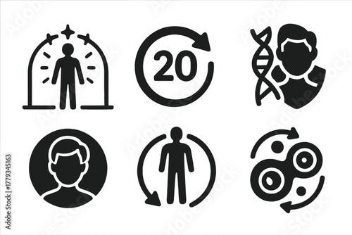 Timeless Youth Icons. Solid style icons of rejuvenation dream futures: glowing body in timeline arc, age 20 reset glyph, time