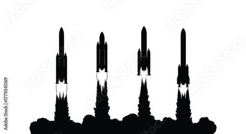 Silhouettes of rockets taking off isolated on white background for your design