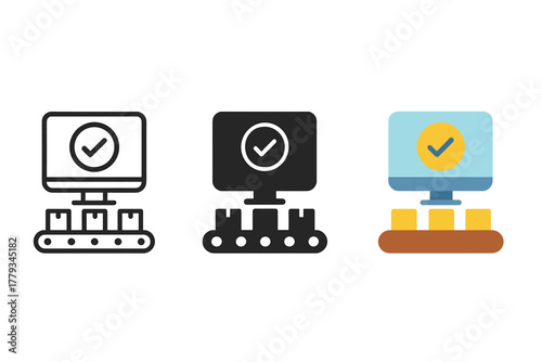 Quality Control Icons. Minimalist quality control icon: three identical quality control stations in a row, first in line style