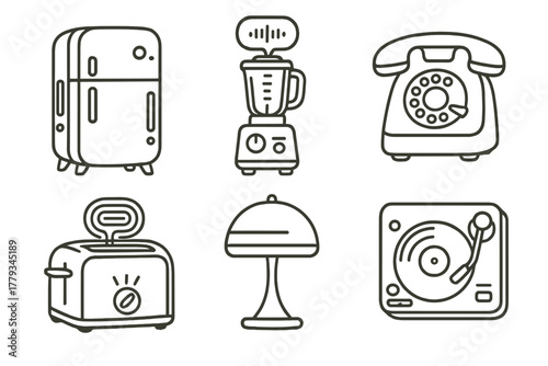 Retro-Futuristic Gadgets Icons. Line style icons of retro-futuristic home gadgets: modded fridge with lights, vintage blender with