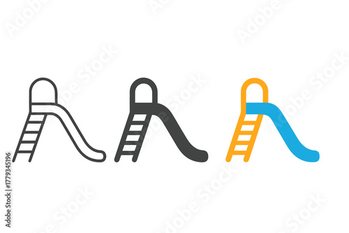 Minimalist Slide Icon. Minimalist slide icon: three identical playground slides in a row, first in line style with thin outline,