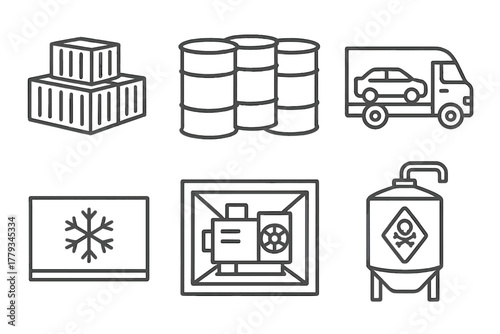 Various Cargo Icons. Line style icons of cargo types transported: stacked shipping containers, large sealed barrels, automotive
